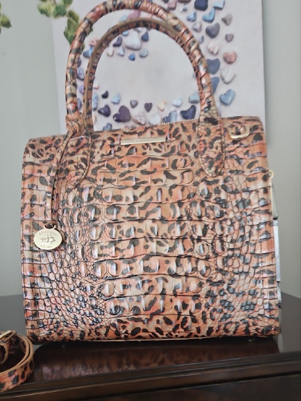 Brahmin Leopard Small Caroline Croc-Embossed Satchel in Tan and Black - Picture 2 of 10